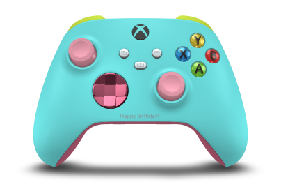 Controller with Glacier Blue body, Deep Pink (Metallic) D-pad, and Retro Pink thumbsticks - front view