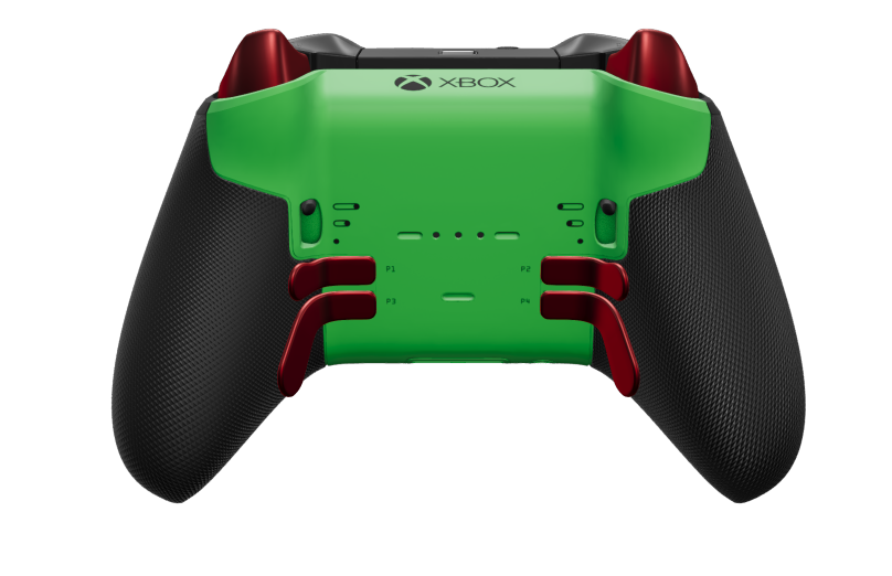 Trådløs Xbox Elite-controller Series 2 – Core - Vorderseite: Velocity Green + gummierte Griffe, D-Pad: Facettiert, Pulse Red (Metall), Rückseite: Velocity Green + gummierte Griffe