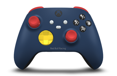 Controller with Midnight Blue body, Lighting Yellow D-pad, and Pulse Red thumbsticks - front view