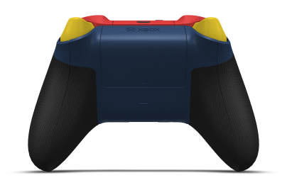 Controller with Midnight Blue body, Lighting Yellow D-pad, and Pulse Red thumbsticks - back view