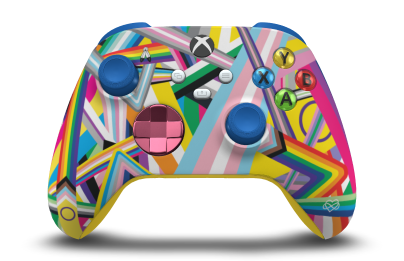 Controller with Pride body, Deep Pink (Metallic) D-pad, and Shock Blue thumbsticks - front view