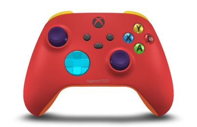 Controller with Pulse Red body, Dragonfly Blue D-pad, and Astral Purple thumbsticks - front view