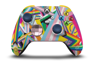 Controller with Pride body, Soft Pink (Metallic) D-pad, and Midnight Blue thumbsticks - front view
