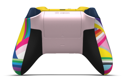Controller with Pride body, Soft Pink (Metallic) D-pad, and Midnight Blue thumbsticks - back view