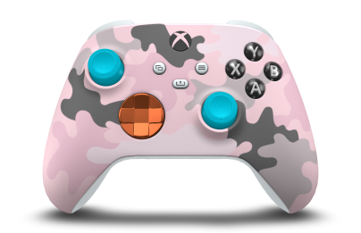 Controller with Sandglow Camo body, Zest Orange (Metallic) D-pad, and Dragonfly Blue thumbsticks - front view