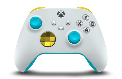 Controller with Robot White body, Lightning Yellow (Metallic) D-pad, and Dragonfly Blue thumbsticks - front view
