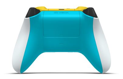 Controller with Robot White body, Lightning Yellow (Metallic) D-pad, and Dragonfly Blue thumbsticks - back view