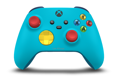 Controller with Dragonfly Blue body, Lighting Yellow D-pad, and Pulse Red thumbsticks - front view