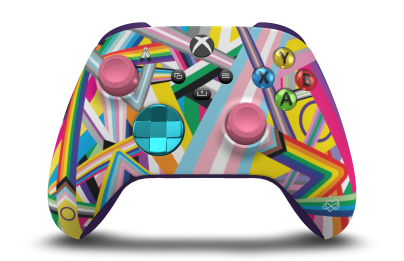 Controller with Pride body, Dragonfly Blue (Metallic) D-pad, and Deep Pink thumbsticks - front view