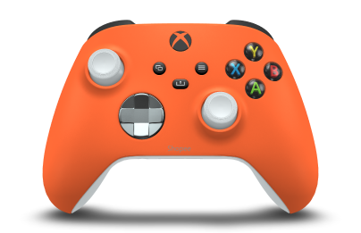 Controller with Zest Orange body, Ash Gray (Metallic) D-pad, and Robot White thumbsticks - front view
