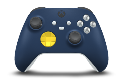 Controller with Midnight Blue body, Lighting Yellow D-pad, and Storm Grey thumbsticks - front view