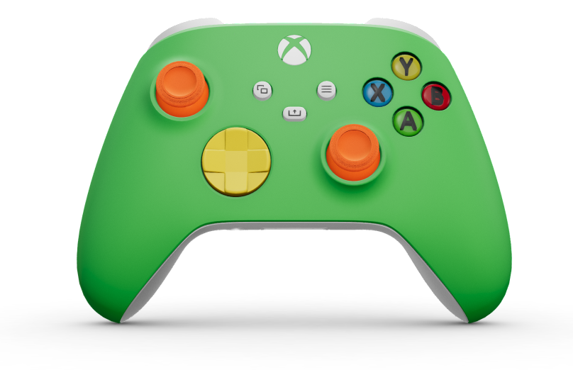 Xbox Wireless Controller - Text: Geschwindigkeitsgrün, Steuerkreuze: Leuchtendes Gelb, Analogsticks: Orangenschale