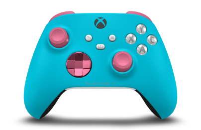 Controller with Dragonfly Blue body, Deep Pink (Metallic) D-pad, and Deep Pink thumbsticks - front view