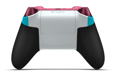 Controller with Dragonfly Blue body, Deep Pink (Metallic) D-pad, and Deep Pink thumbsticks - back view
