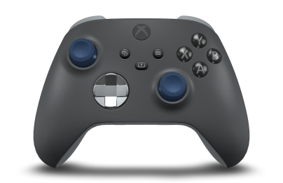 Controller with Storm Grey body, Ash Gray (Metallic) D-pad, and Midnight Blue thumbsticks - front view
