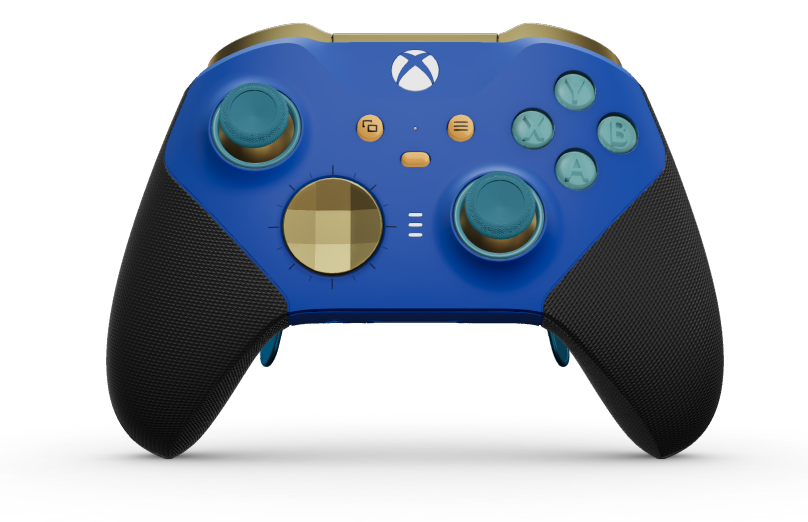 Xbox Elite Wireless Controller Series 2 - Core - Corps: Shock Blue + poignées caoutchoutées, BMD: À facettes, Hero Gold (métal), Arrière: Shock Blue + poignées caoutchoutées