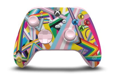Controller with Pride body, Soft Pink D-pad, and Soft Pink thumbsticks - front view