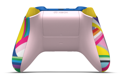 Controller with Rainbow body, Shock Blue D-pad, and Lighting Yellow thumbsticks - back view
